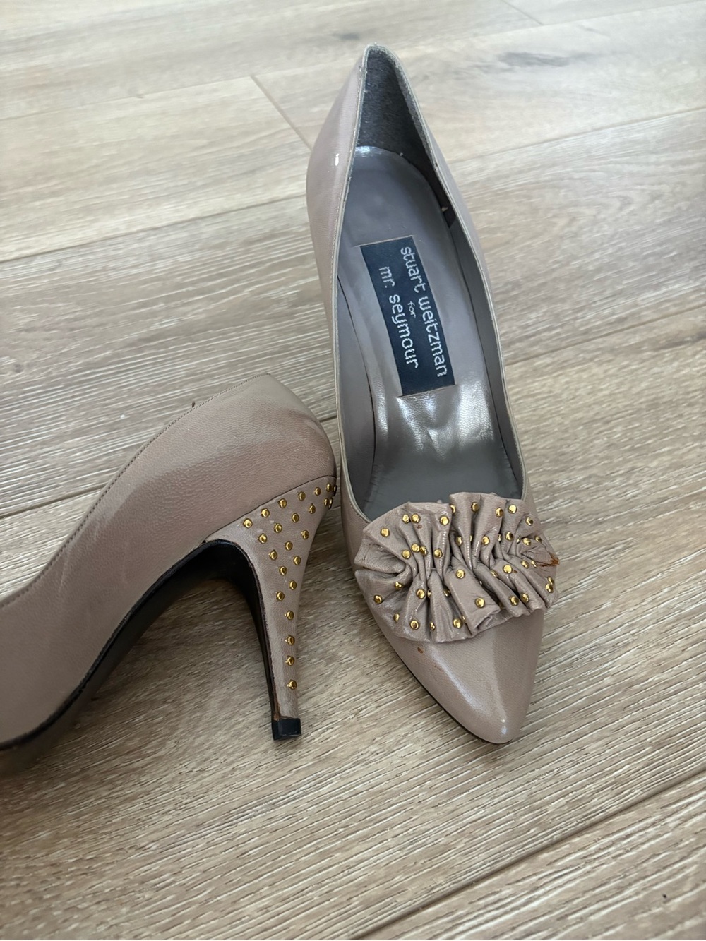 Stuart Weitzman Taupe Ruffle Pointed-Toe Pumps with Gold Studs